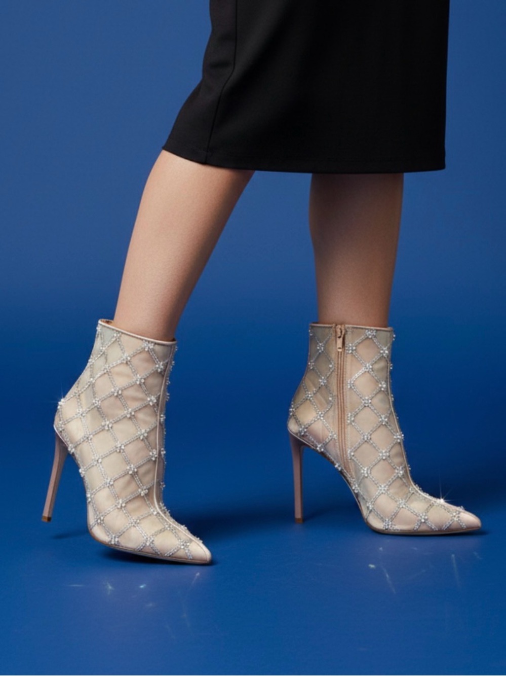 Betsey Johnson LARKK Nude Ankle Booties with Pearl & Rhinestone Embellishments